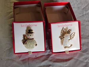 lot 243 image: Liz Claiborne Holiday Brooch Set Featuring Snowman and Angel Designs
