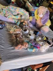 lot 292 image: Pastel Plush Bunny, Crocheted Blanket, and Assorted Stuffed Toys