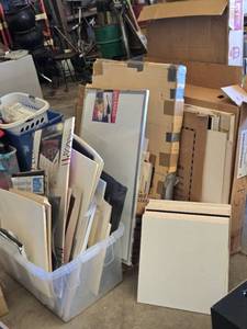lot 330 image: Giant Lot of Assorted Art and Framing Supplies including Dry Erase Boards, Mat Boards, and Sculpted Foam Speaker Grille