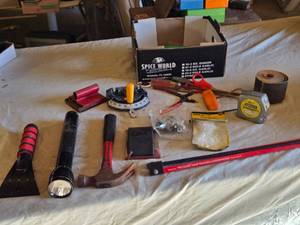 lot 338 image: Lot of Tools and Hardware Items including Stanley Tape Measure, Hammer, and Flashlight