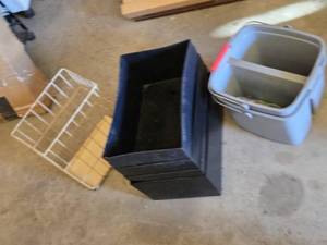 lot 354 image: Stackable Storage Bins, Wire Rack Shelf, and Dual Compartment Plastic Bin
