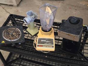 lot 374 image: Vintage Osterizer Galaxie Cycle Blend Blender, Hot Plate, and Meat Grinder