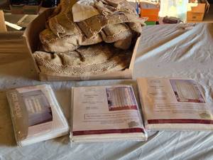 lot 384 image: Window and Curtain Set including Window Scarf, Tailored Voile Panel, and Tailored Voile Scarf