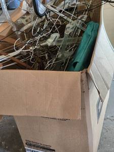 lot 388 image: Box of Mixed Hangers Including Wooden, Plastic, and Wire Types