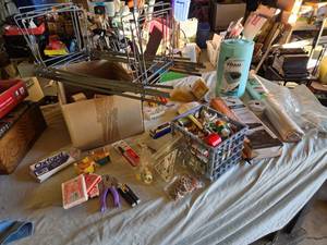 lot 394 image: Assorted Office and Craft Supplies including Giant Pencil Decor, Cable Organizer, Glue Stic Foam Cushion Roll, and Miscellaneous Tools