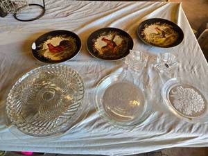 lot 398 image: Vintage Decorative Plates and Glassware Set including Rooster Plates, Crystal Candle Holders, and Clear Glass Dishes