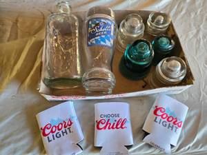 lot 402 image: Schells Beer Glass Boot, Glass Bottles, and Insulators with Coors Light Koozies