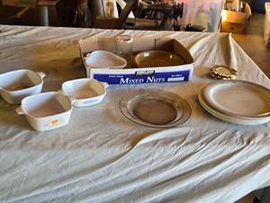 lot 404 image: Kirkland Mixed Nuts Box, CorningWare Dish, and Glassware