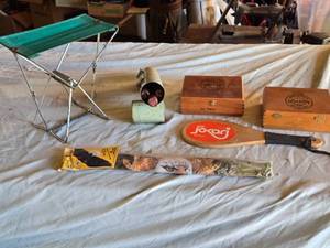 lot 406 image: Vintage Jocari Paddle Wing Flapper Kite, Ashton Cigar Boxes, Camping Stool, and Old Flares