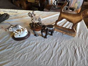 lot 419 image: Animal Figurines and Sculptures Lot featuring a ram, deer, elephant, and cat-shaped items, as well as a small fox figurine