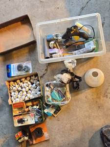 lot 439 image: Assorted Hardware and Tools Lot including Porcelain Furniture Knobs, Black & Decker Trimmer Spool, and Various Accessories