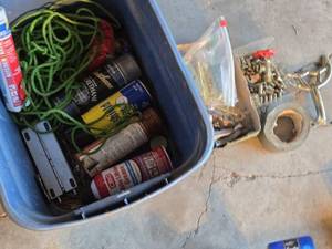 lot 440 image: CRC White Lithium Grease (Partials) and Miscellaneous Hardware Items including Green Rope, Hinges, and Brass Fittings