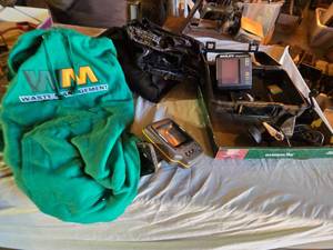 lot 458 image: Eagle Magna View Fish Finder (no cords), Waste Management Hoodie, Stainless Steel Cookware, and Accessories