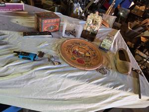 lot 465 image: Decorative Household Items Including Wooden Tray and Carousel, Remote, and Keychains