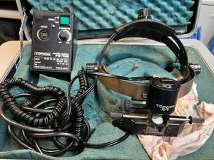 lot 82 image: MSRP $2,000 Topcon ID-5 Indirect Ophthalmoscope Professional Binocular Head-Mounted Retina Examination System WExternal Illuminator  Power Supply, Headband Assembly, Coiled Power Cable  Clinical Ophthalmology &amp Retina Diagnostic Use - Works