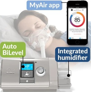 lot 75 image: MSRP $2500 ResMed Airsense Aircurve 10 VAuto Cpap with HumidAir Bilevel Machine with Heated Hose, Reservoir, Mask, Travel Bag, Manual, and Power Cord - Excellent Condition