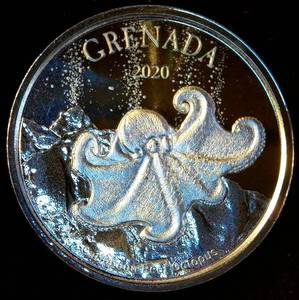 lot 12 image: 2020 Grenada Red Octopus 1oz 999 Silver Round, Eastern Caribbean Bank 2 Dollars, Mint Fresh