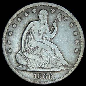 lot 24 image: F Better Date 1869-S Seated Liberty Half Dollar, Partial Drapery, 656k mintage
