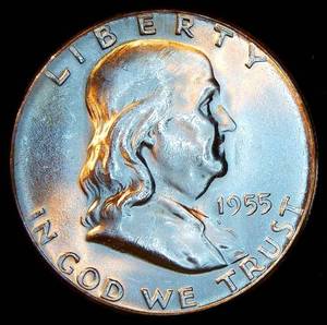 lot 32 image: MS Key Date 1955 Franklin Half Dollar, Full Silky Luster, Beautiful Coin
