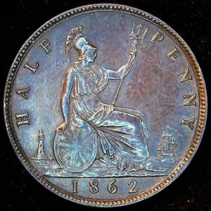lot 36 image: AUAU 1862 Great Britain Half Penny, Original Surfaces, Very Lightly Circulated