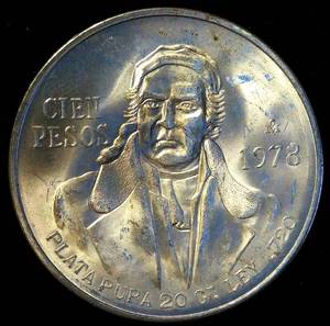 lot 48 image: Uncirculated 1978 Mexico Silver Cien Pesos, Original Surfaces wNear Full Mint Luster, KM#483.2, .643 OzT ASW