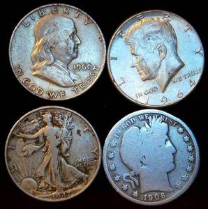 lot 55 image: Half Century of Silver Half Dollars, 1 ea, Barber, Walker, Franklin & 64 Kennedy, 1.4 OzT ASW