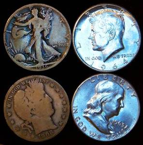 lot 59 image: Half Century of Silver Half Dollars, 1 ea, Barber, Walker, Franklin & 64 Kennedy, 1.4 OzT ASW