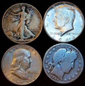 lot 58 image: Half Century of Silver Half Dollars, 1 ea, Barber, Walker, Franklin & 64 Kennedy, 1.4 OzT ASW