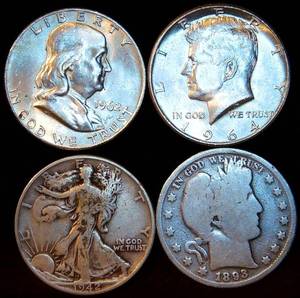 lot 57 image: Half Century of Silver Half Dollars, 1 ea, Barber, Walker, Franklin & 64 Kennedy, 1.4 OzT ASW