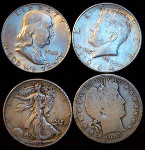 lot 56 image: Half Century of Silver Half Dollars, 1 ea, Barber, Walker, Franklin & 64 Kennedy, 1.4 OzT ASW