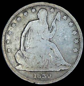 lot 63 image: Better Date 1839-P Seated Half Dollar, Drapery, Original Surfaces, First Year, VG