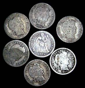 lot 81 image: Heavly circulated Pre-1917 Silver Dimes (1) Seated & (6) Barbers