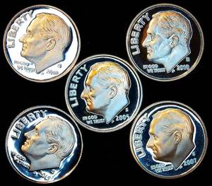 lot 87 image: (5) 90% Proof Silver Roosevelt Dimes