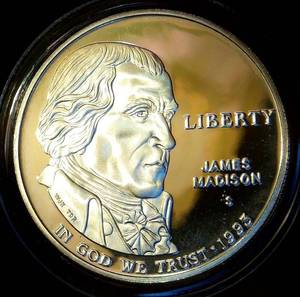 lot 95 image: Proof 1995 90% Silver Dollar James Madison Commemorative, .773 ASW