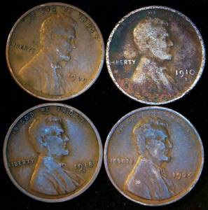 lot 97 image: 1909 VDB & (3) Less Common Wheat Cents