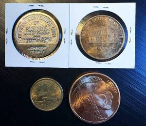 lot 108 image: 1972 Martelle IA Centennial, 1961 Johnson Co Kansas Centennial, Oz of Copper, & 2000 Sac Dollar