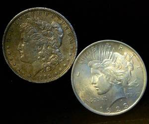lot 113 image: (2) Circulated Silver Dollars, 1.5 OzT TSW