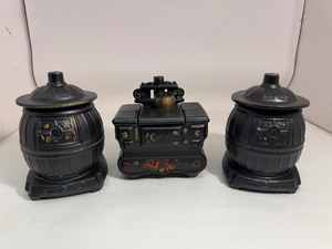 lot 7 image: Set of (3) McCoy Pottery Pot Belly Stove Cookie Jars