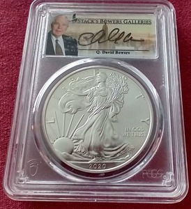 lot 68 image: 2020 American Silver Eagle PCGS GEM UNC - Autographed by Q. David Bowers