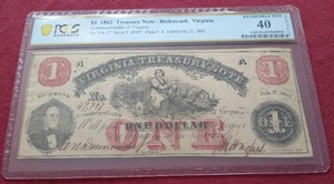 lot 69 image: Amazing 1862 Virginia Treasury Note Civil War $1 - PCGS EF40