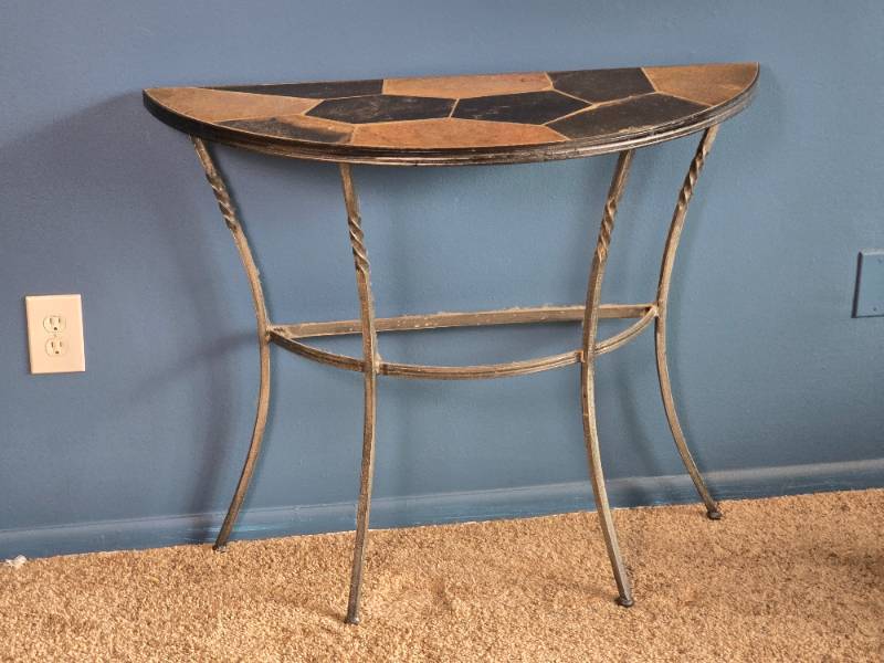 lot 49 image: Stone Tile Top Iron Console Table - Half-Moon Mosaic - Mediterranean Style