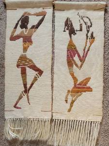 lot 14 image: MCM Vintage Woven Wool African Wall Tapestries  Dancer and Musician