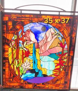 Copper Pipe Framed Handcrafted Stained Glass Window Panel Waterfall Landscape ~ 35 x 37