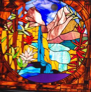 lot 20 image: Copper Pipe Framed Handcrafted Stained Glass Window Panel Waterfall Landscape  35 x 37