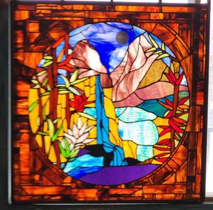 Copper Pipe Framed Handcrafted Stained Glass Window Panel Waterfall Landscape ~ 35 x 37