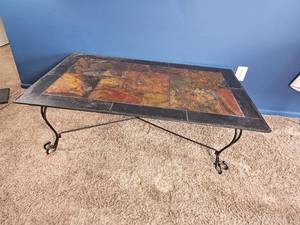 lot 52 image: Rectangular Slate-Top Coffee Table with Wrought-Iron Base