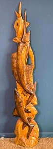 lot 30 image: Tall Hand-Carved Wooden Fish Totem - Stacked Marlin Sculpture - Coastal Decor