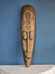 lot 6 image: Hand-Carved Wooden Tribal Mask - Elongated Form - Inlaid Folk Art