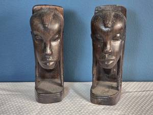 lot 26 image: Pair of Hand-Carved Wooden Head Sculptures - African Tribal Style Busts