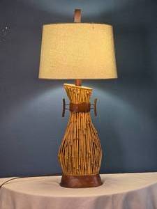 lot 27 image: Mid-Century Bamboo & Leather Table Lamp - Tiki Style - Fabric Shade